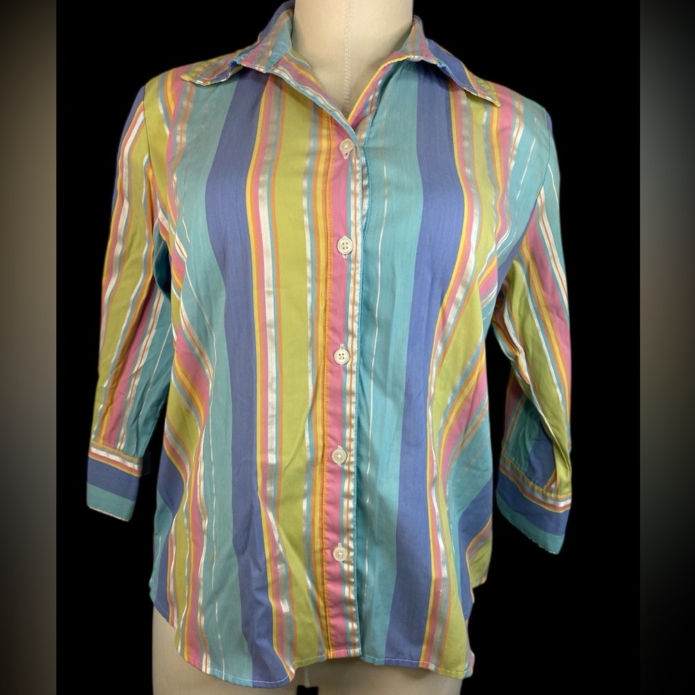 Lemon Grass Studio Stretch Striped Multicolor Button-Up Women's Top PS